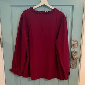 BloomChic Burgundy Ruffle-Neck Long Sleeve Blouse
